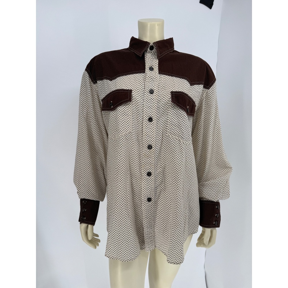 Vintage 50s 60s Western Cowboy Shirt Mens XL Brown Ivory Heart Print Rockabilly